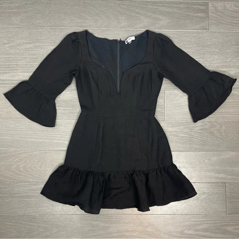 NWT LPA Revolve Dress 495 Black XS Linen Blend Ruffle Mini Minimalist Boho LBD - Picture 6 of 16